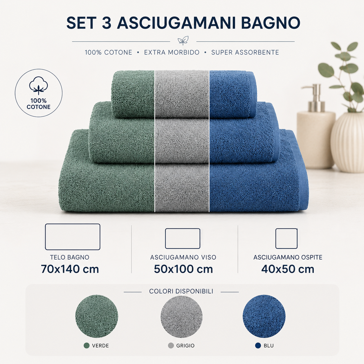 Set 3 Asciugamani Bagno in Cotone Collezione Let's Color! by Ruggeri