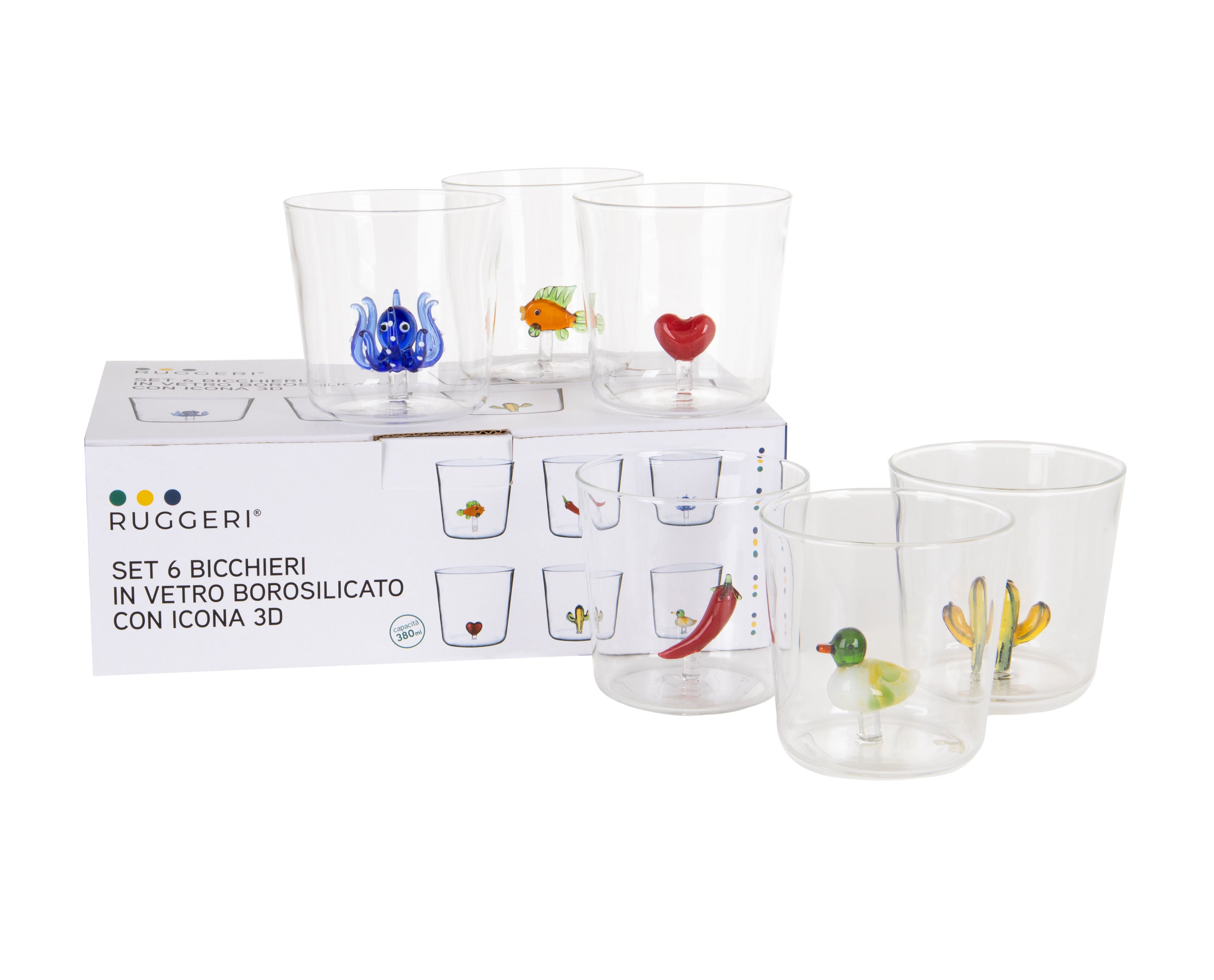 Set 6 Bicchieri Tumbler in Vetro Borosilicato con Icona 3D by Ruggeri