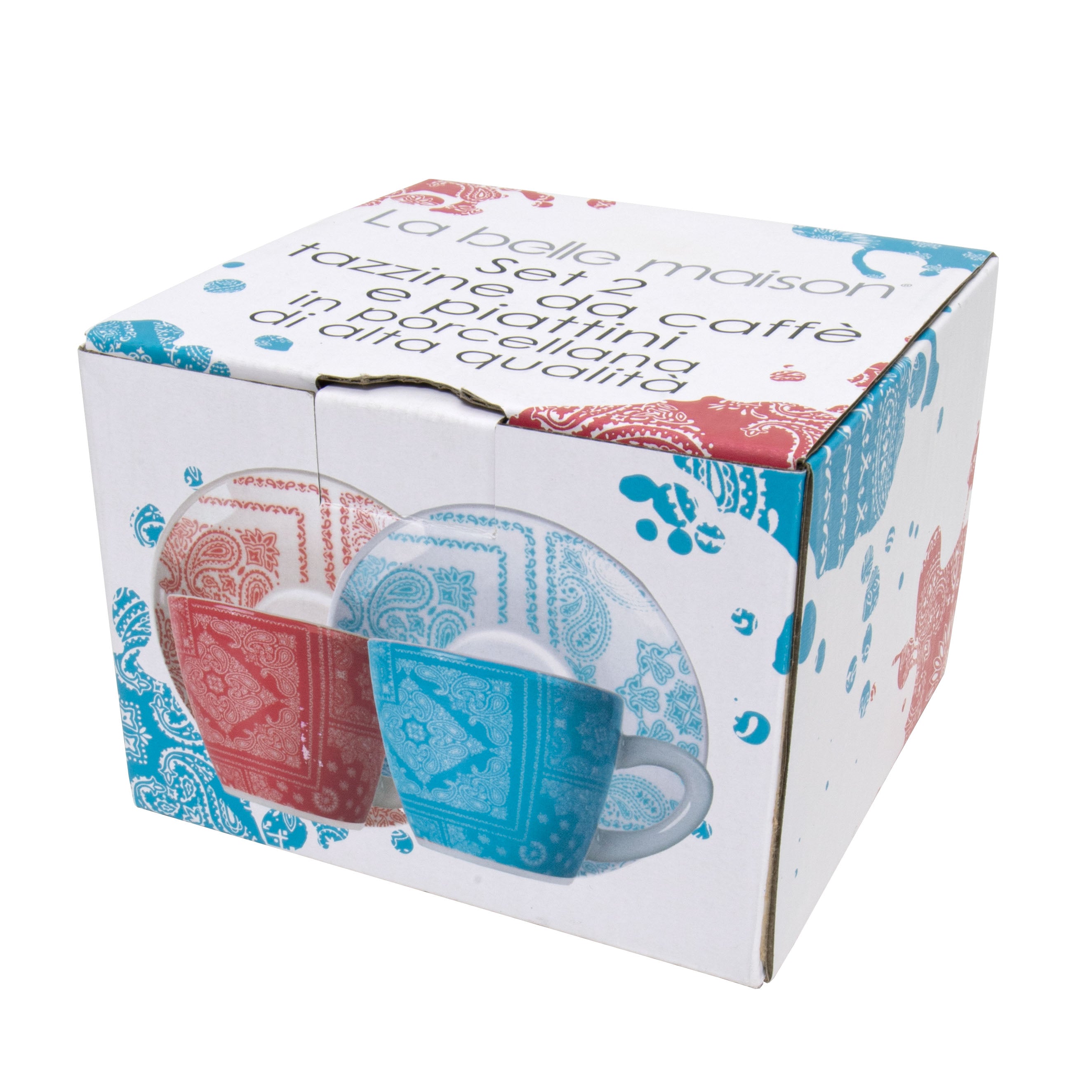 Set 2 Tazzine da Caffè + Piattini con Motivo a Bandana Rossa e Blu in Porcellana
