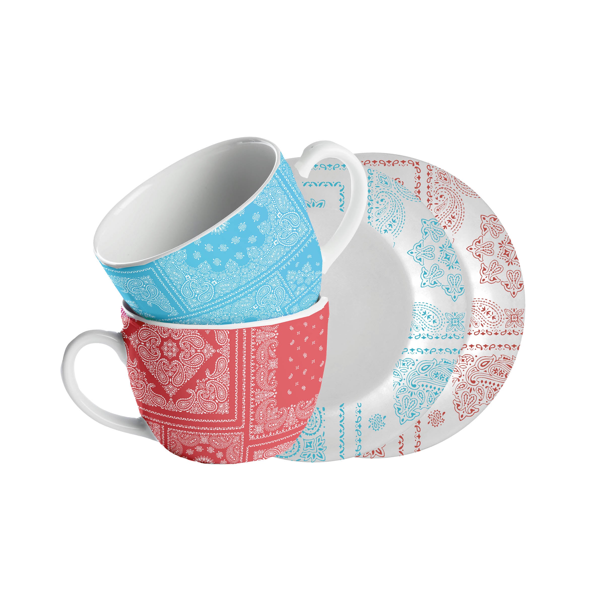 Set 2 Tazzine da Caffè + Piattini con Motivo a Bandana Rossa e Blu in Porcellana