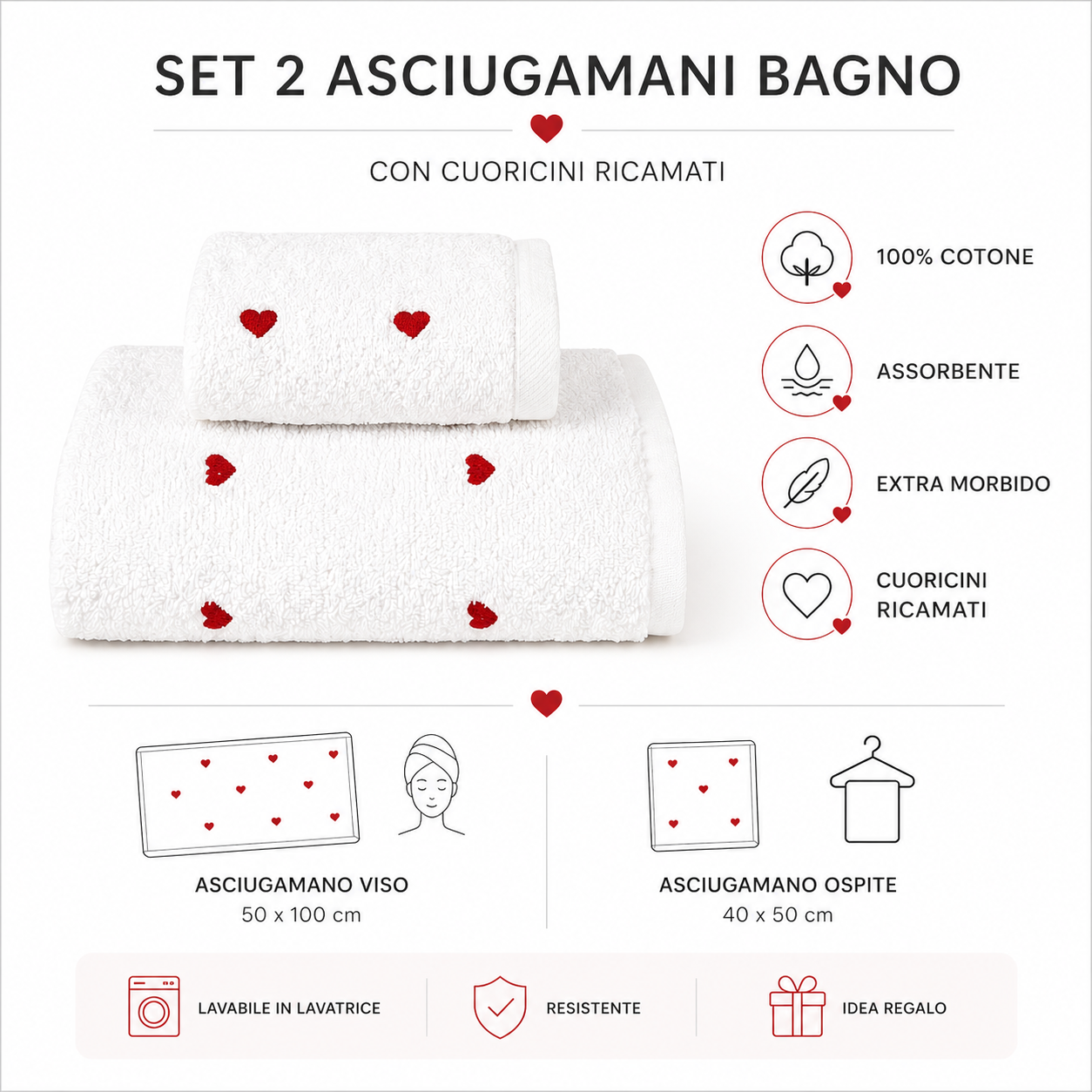 Coppia Spugna in Cotone con Cuoricini Ricamati by Sono a Casa