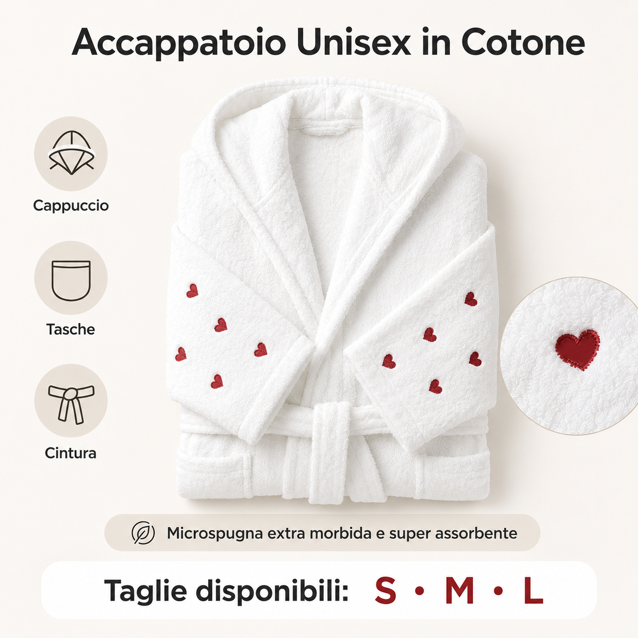 Accappatoio in Microspugna di Cotone con cuoricini Ricamati by Sono a casa
